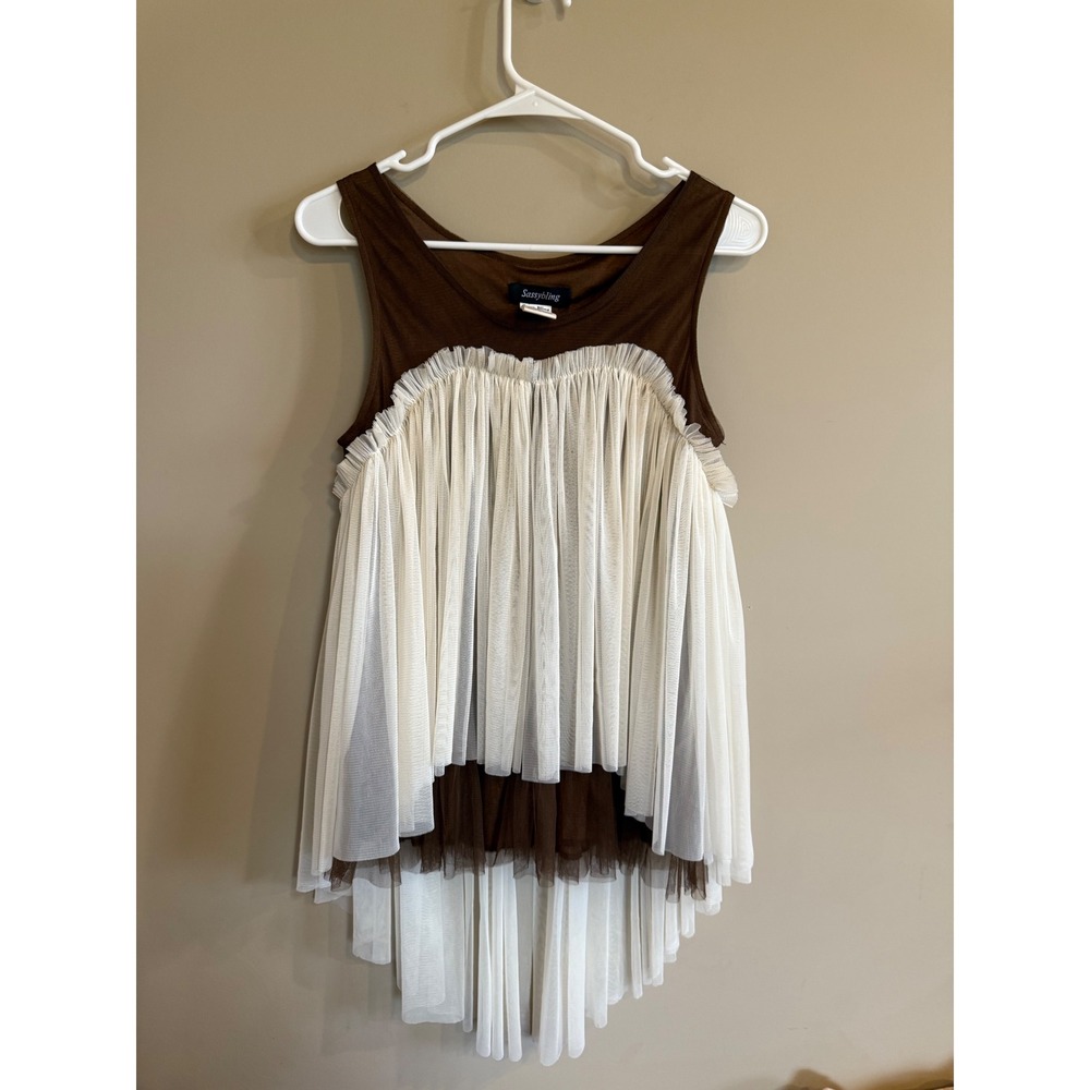 Sassy Bling Tulle‎ Ruffle Layered Tank Dress Brown White Womens Size S